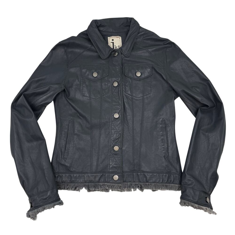 Jakett JKT NYC Genuine Leather Jacket Cropped Moto Biker Trucker Fit Gray Size S